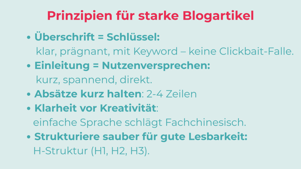Hier siehst Du die Prinzipien für starke Blogartikel, die auch von der KI zitiert werden