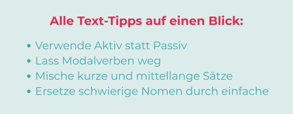 Auf diesem Bild fasse ich nochmal alle Text-Tipps für Website-Texte, die verkaufen, zusammen.