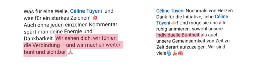 Hier sind Auszüge aus Kommentaren zu sehen, die ich auf #zeigdichbunt hin erhalten habe.