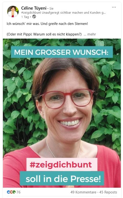 Auf diesem Bild werbe ich dafür, #zeigdichbunt in die Presse zu bringen